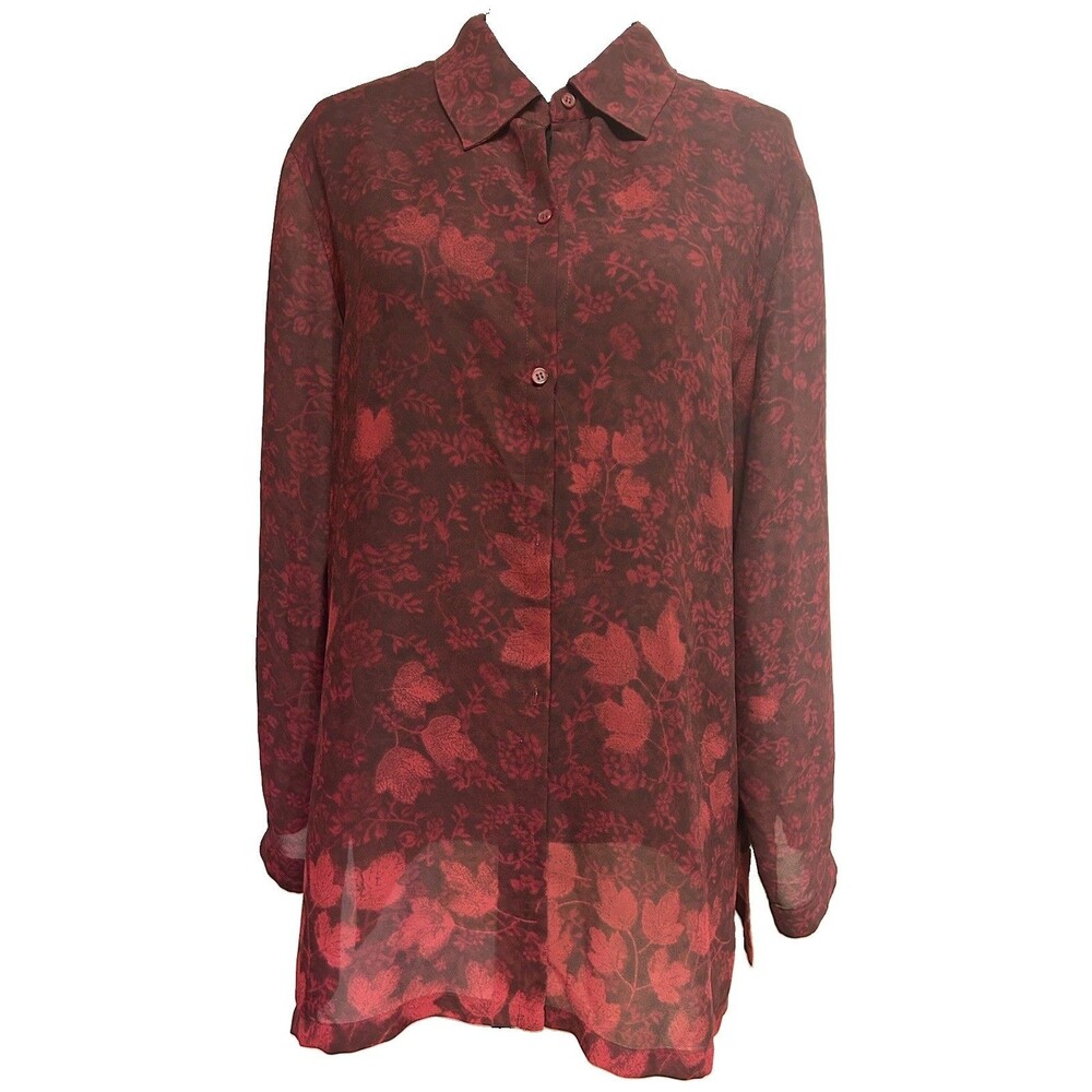 Maggie McNaughton 1X Red Black Blouse Sheer Button Up Long Sleeves